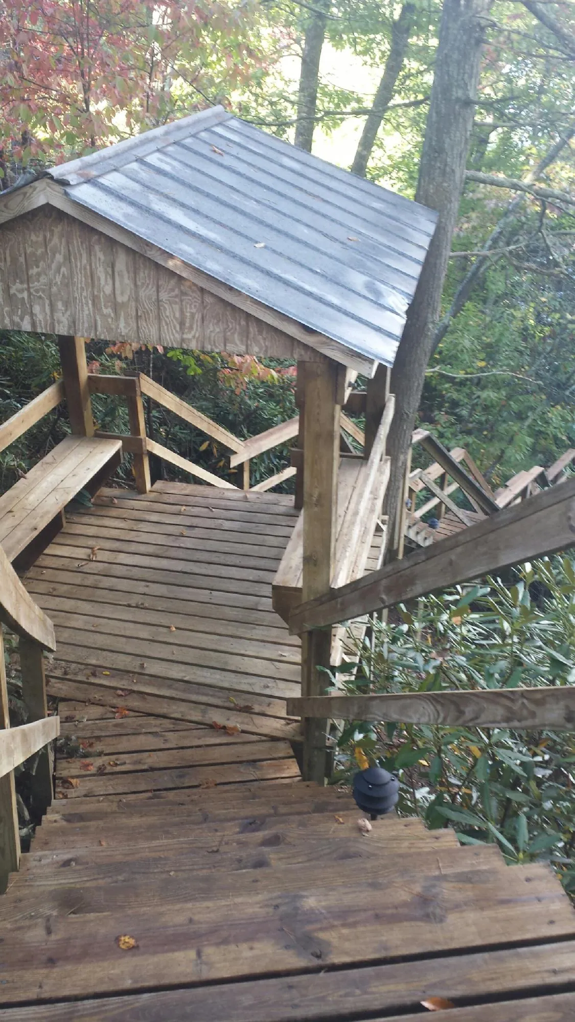 Metal roofed shelter over wooden steps on a wooded walkway — Skylight Repair & Installation work by our crew in Lake Orion